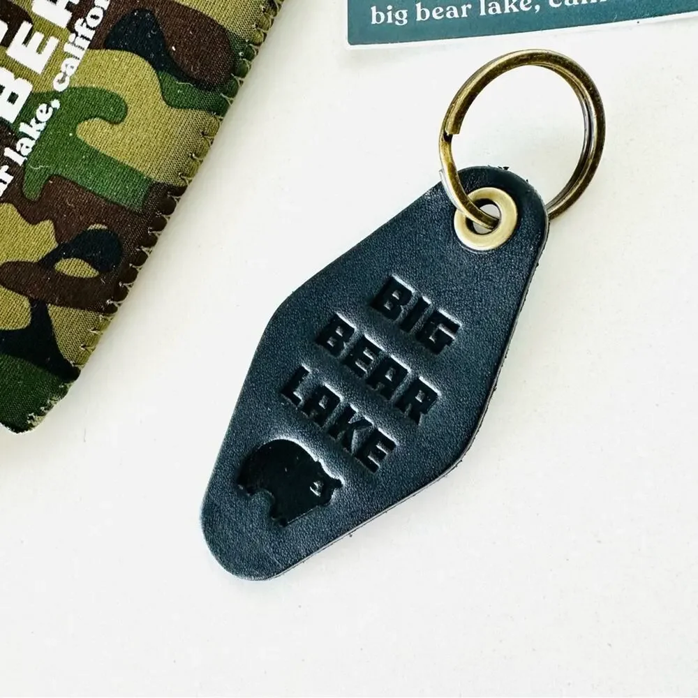 BIG BEAR California Souvenir Beer Koozie Black Leather Keychain Stickers Bundle